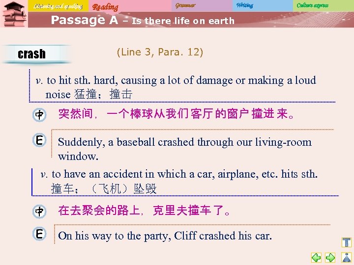 Listening and speaking Reading Passage A crash Grammar Writing Culture express – Is there
