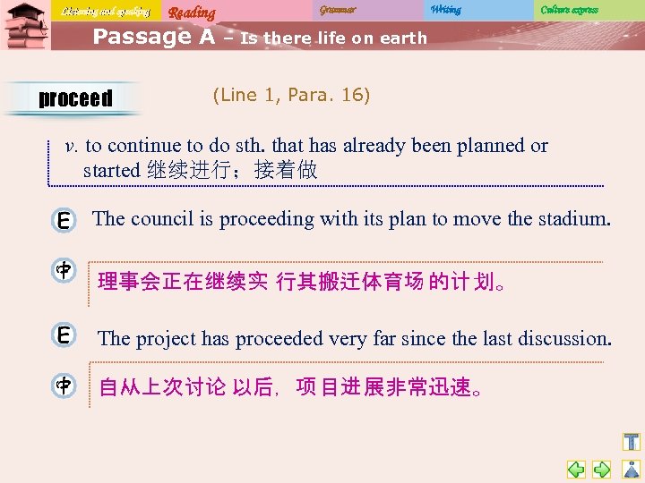 Listening and speaking Reading Passage A proceed Grammar Writing Culture express – Is there