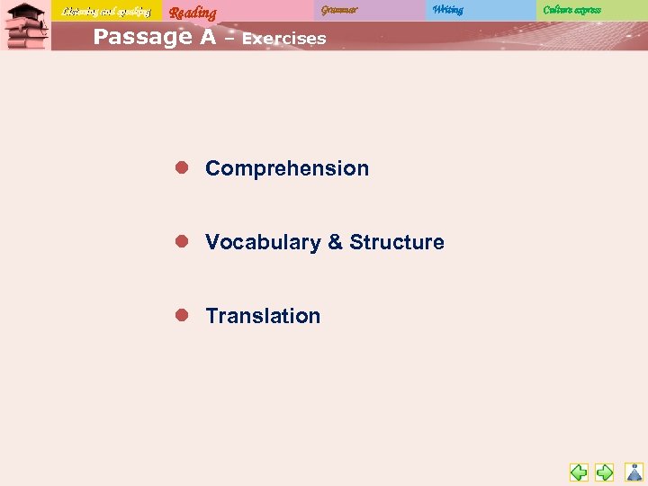 Listening and speaking Reading Passage A Grammar Writing – Exercises l Comprehension l Vocabulary