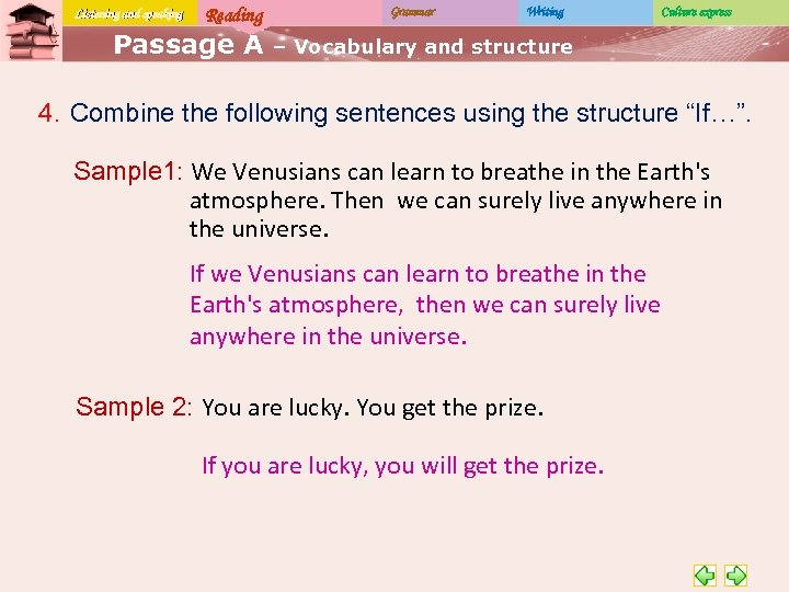 Listening and speaking Reading Passage A Grammar Writing Culture express – Vocabulary and structure
