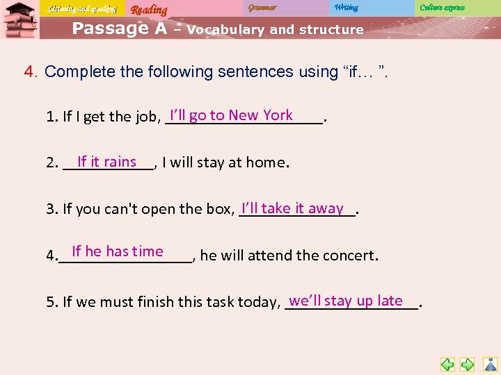 Listening and speaking Reading Passage A Grammar Writing Culture express – Vocabulary and structure
