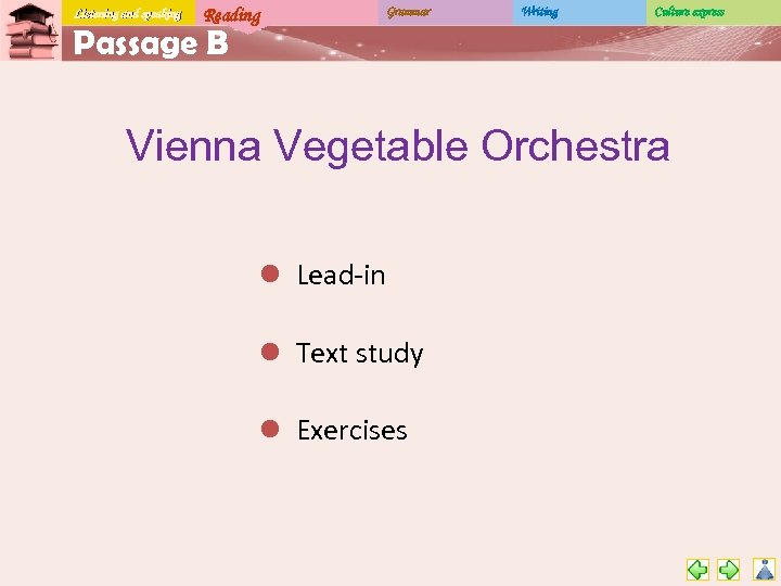 Listening and speaking Reading Grammar Writing Culture express Passage B Vienna Vegetable Orchestra l