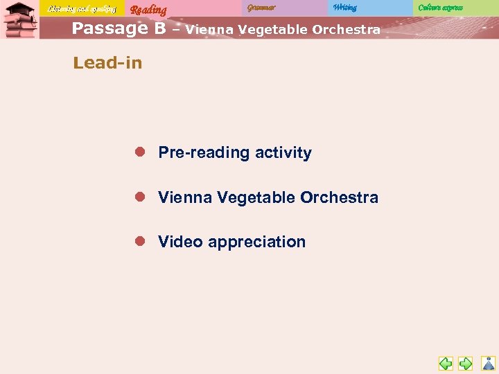 Listening and speaking Reading Passage B Grammar Writing – Vienna Vegetable Orchestra Lead-in l