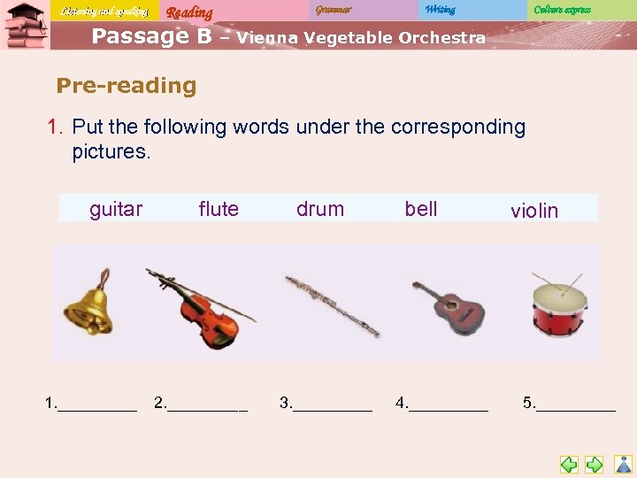 Listening and speaking Reading Passage B Grammar Writing Culture express – Vienna Vegetable Orchestra