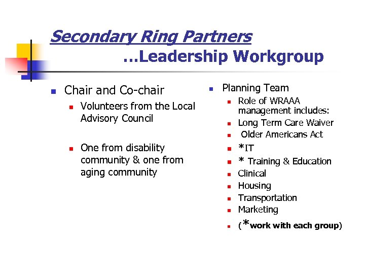 Secondary Ring Partners …Leadership Workgroup n Chair and Co-chair n Volunteers from the Local