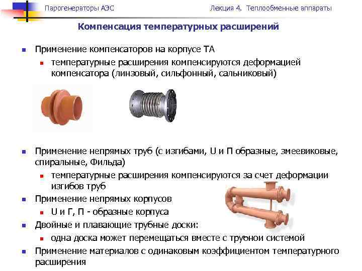 Парогенераторы АЭС Лекция 4. Теплообменные аппараты Компенсация температурных расширений n n n Применение компенсаторов