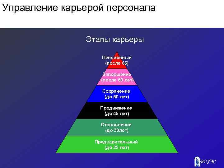Управление карьерой персонала Этапы карьеры Пенсионный (после 65) Завершение (после 60 лет) Сохранение (до