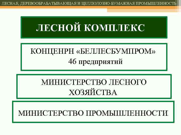 ЛЕСНАЯ, ДЕРЕВООБРАБАТЫВАЮЩАЯ И ЦЕЛЛЮЛОЗНО-БУМАЖНАЯ ПРОМЫШЛЕННОСТЬ ЛЕСНОЙ КОМПЛЕКС КОНЦЕНРН «БЕЛЛЕСБУМПРОМ» 46 предприятий МИНИСТЕРСТВО ЛЕСНОГО ХОЗЯЙСТВА