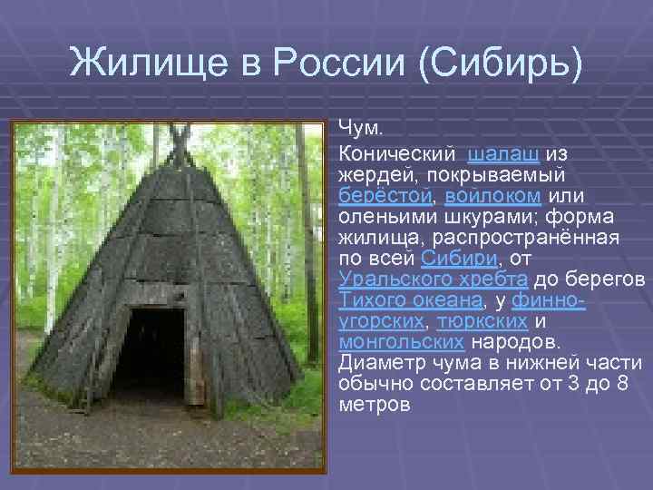 Жилище в России (Сибирь) Чум. Конический шалаш из жердей, покрываемый берёстой, войлоком или оленьими