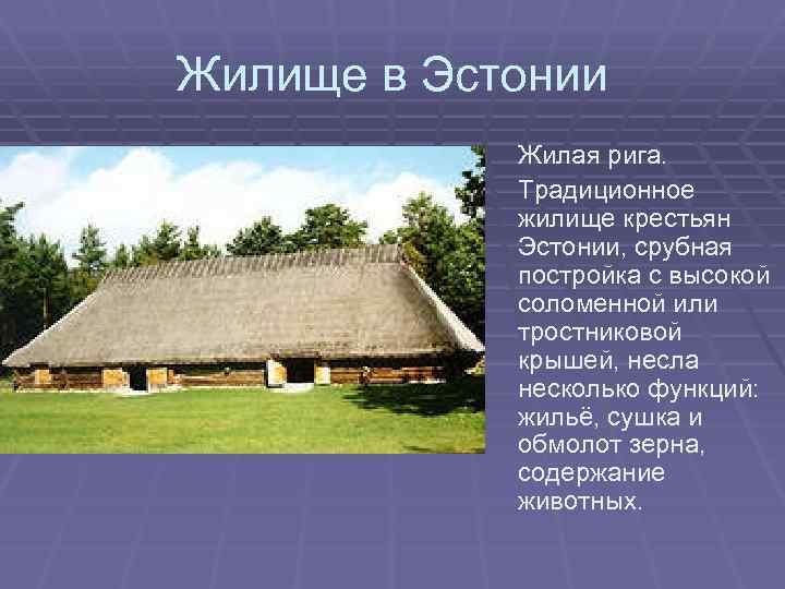 Жилище в Эстонии Жилая рига. Традиционное жилище крестьян Эстонии, срубная постройка с высокой соломенной