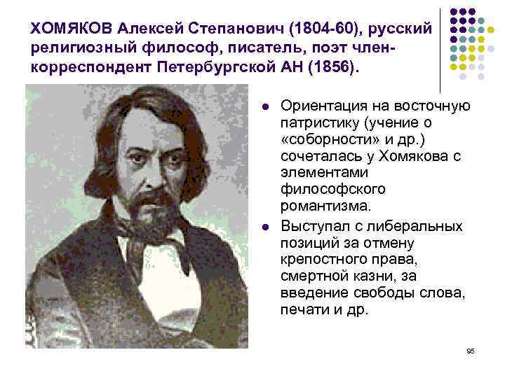 ХОМЯКОВ Алексей Степанович (1804 -60), русский религиозный философ, писатель, поэт членкорреспондент Петербургской АН (1856).