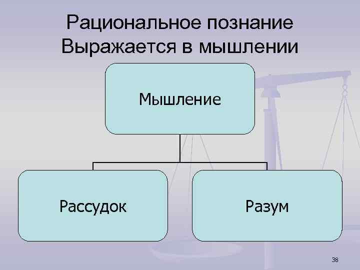 Рациональное познание Выражается в мышлении Мышление Рассудок Разум 38 