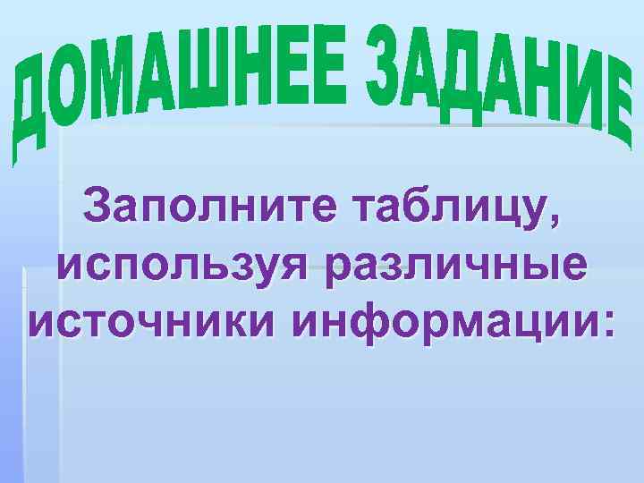 Заполните таблицу, используя различные источники информации: 