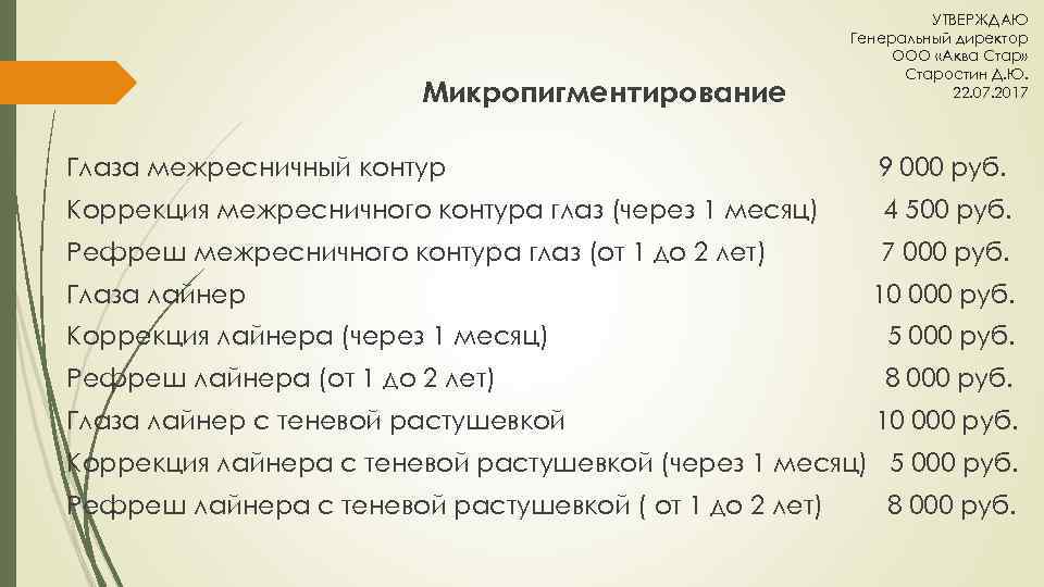Микропигментирование УТВЕРЖДАЮ Генеральный директор ООО «Аква Стар» Старостин Д. Ю. 22. 07. 2017 Глаза