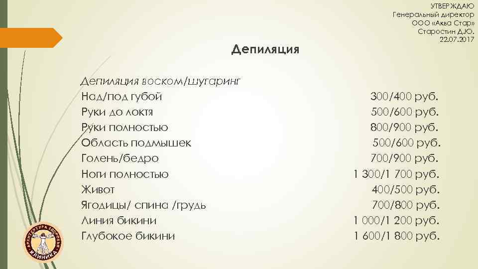Депиляция воском/шугаринг Над/под губой Руки до локтя Руки полностью Область подмышек Голень/бедро Ноги полностью