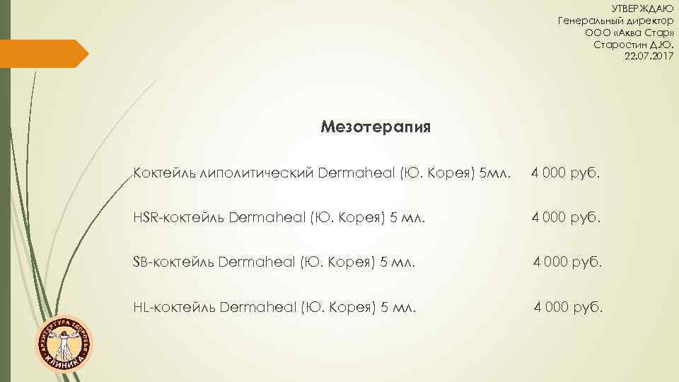 УТВЕРЖДАЮ Генеральный директор ООО «Аква Стар» Старостин Д. Ю. 22. 07. 2017 Мезотерапия Коктейль