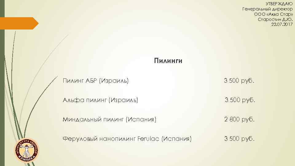 УТВЕРЖДАЮ Генеральный директор ООО «Аква Стар» Старостин Д. Ю. 22. 07. 2017 Пилинги Пилинг
