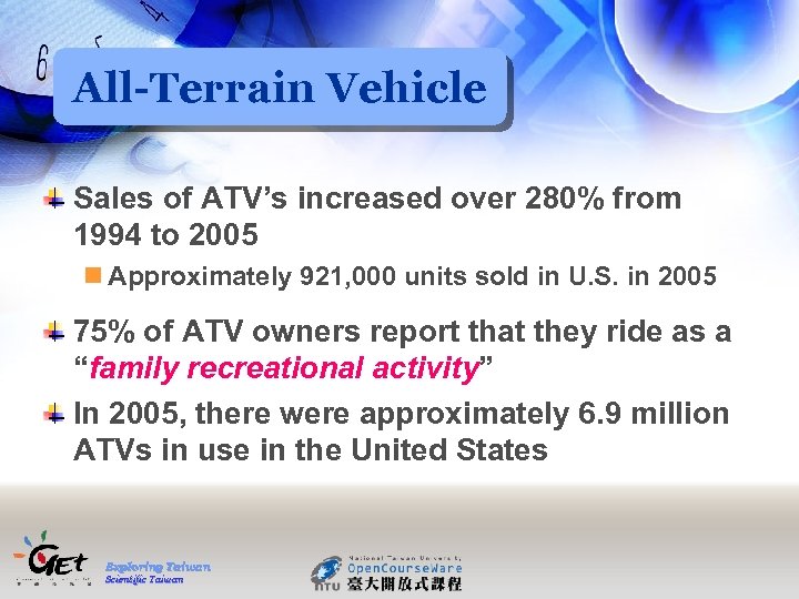 All-Terrain Vehicle Sales of ATV’s increased over 280% from 1994 to 2005 n Approximately