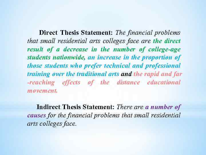  Direct Thesis Statement: The financial problems that small residential arts colleges face are