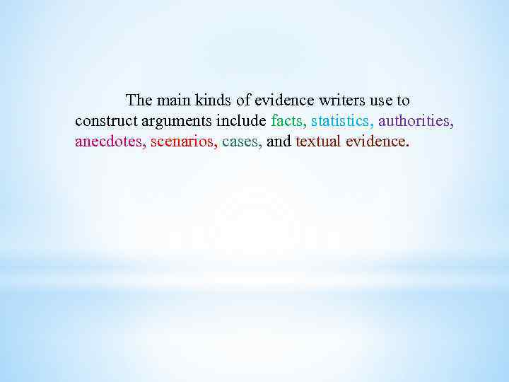 The main kinds of evidence writers use to construct arguments include facts, statistics, authorities,