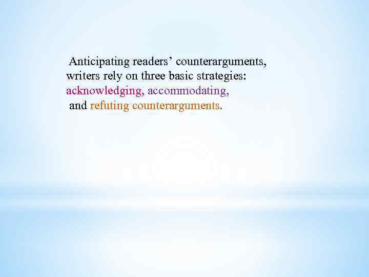  Anticipating readers’ counterarguments, writers rely on three basic strategies: acknowledging, accommodating, and refuting