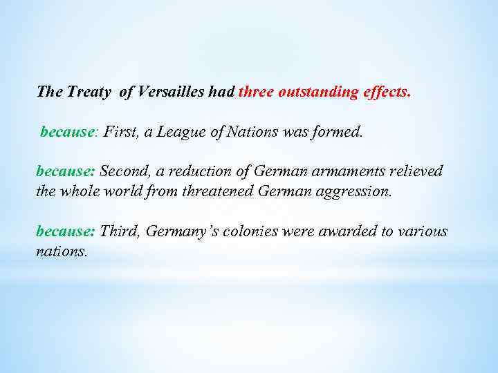 The Treaty of Versailles had three outstanding effects. because: First, a League of Nations