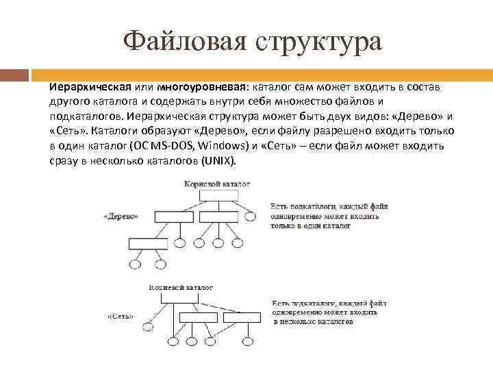 Файловая структура Иерархическая или многоуровневая: каталог сам может входить в состав другого каталога и