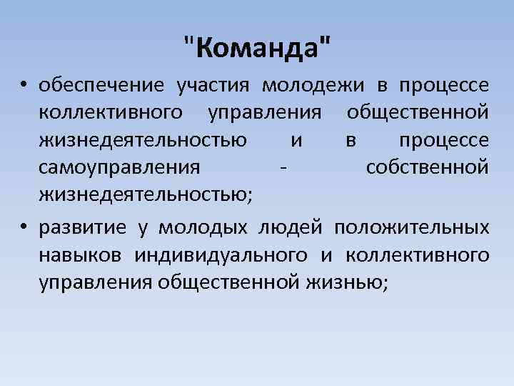 "Команда" • обеспечение участия молодежи в процессе коллективного управления общественной жизнедеятельностью и в процессе