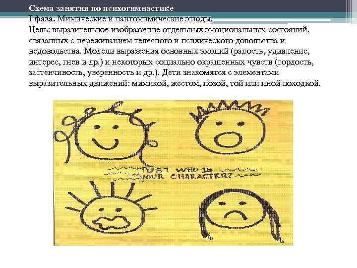 Схема занятия по психогимнастике I фаза. Мимические и пантомимические этюды. Цель: выразительное изображение отдельных