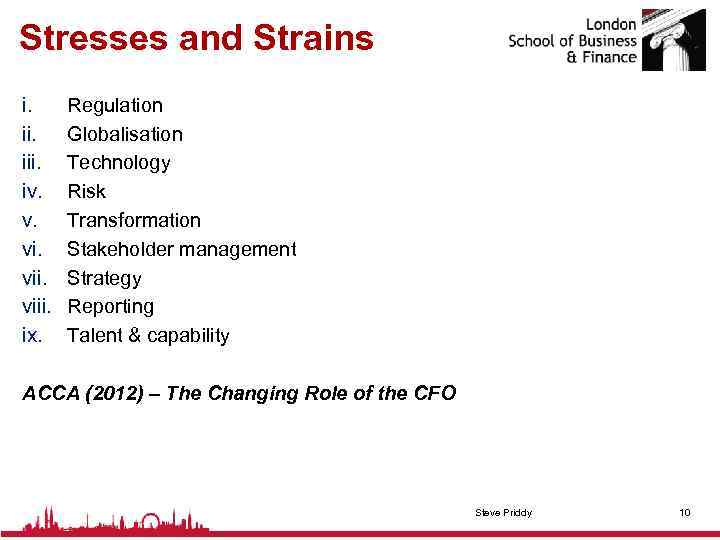 Stresses and Strains i. iii. iv. v. viii. ix. Regulation Globalisation Technology Risk Transformation