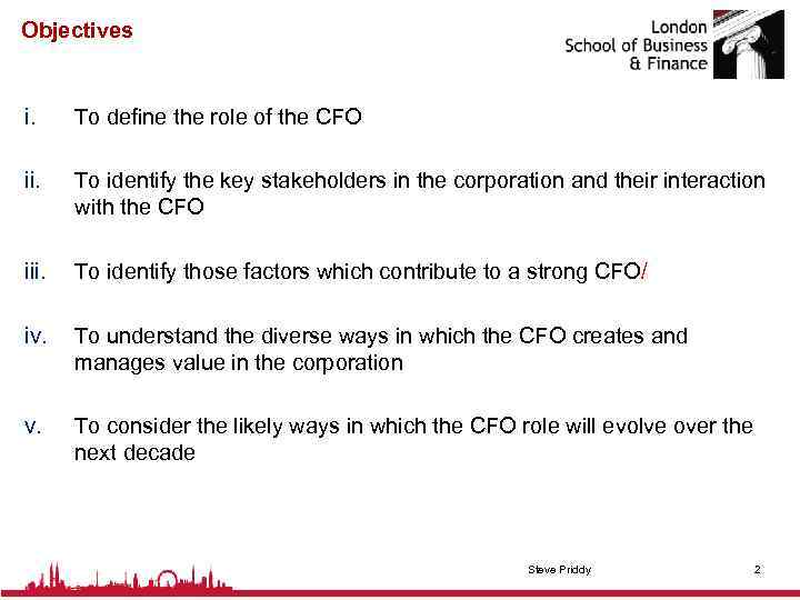 Objectives i. To define the role of the CFO ii. To identify the key