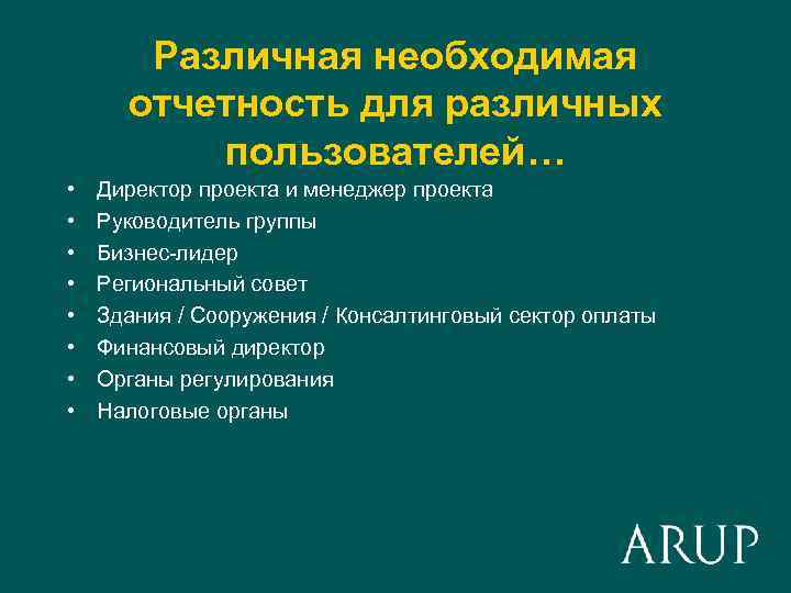 Различная необходимая отчетность для различных пользователей… • • Директор проекта и менеджер проекта Руководитель