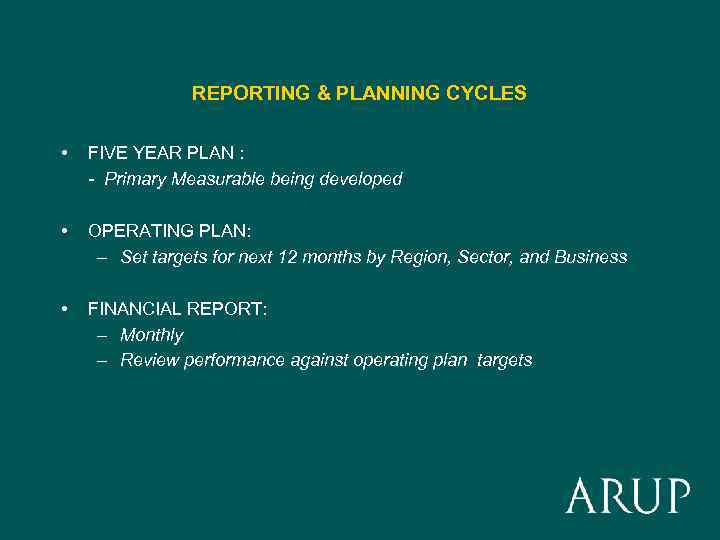 REPORTING & PLANNING CYCLES • FIVE YEAR PLAN : - Primary Measurable being developed