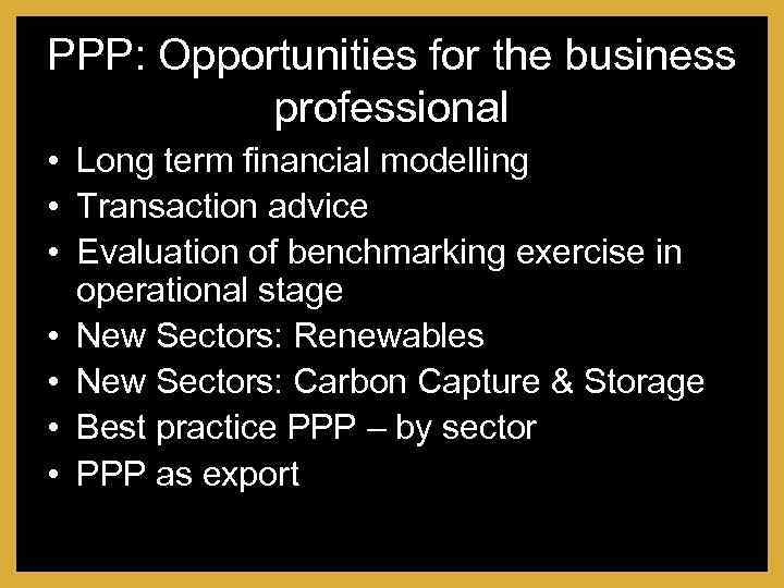 PPP: Opportunities for the business professional • Long term financial modelling • Transaction advice