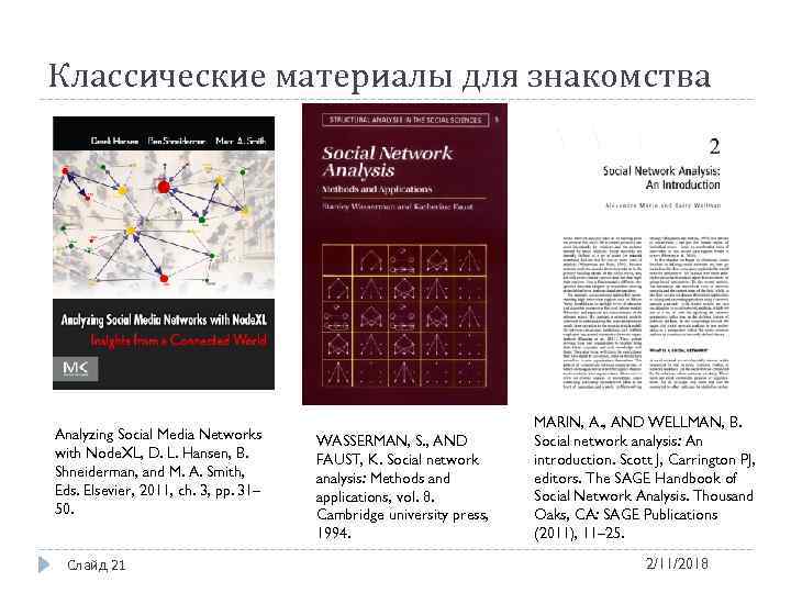 Классические материалы для знакомства Analyzing Social Media Networks with Node. XL, D. L. Hansen,