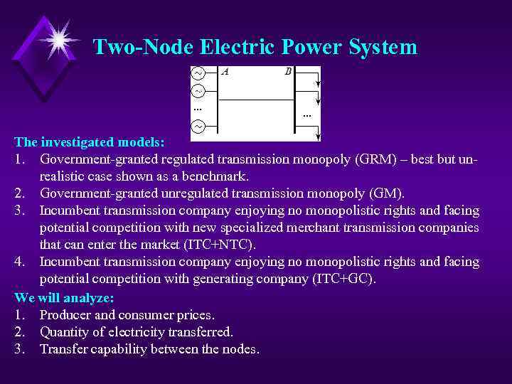 Two-Node Electric Power System The investigated models: 1. Government-granted regulated transmission monopoly (GRM) –