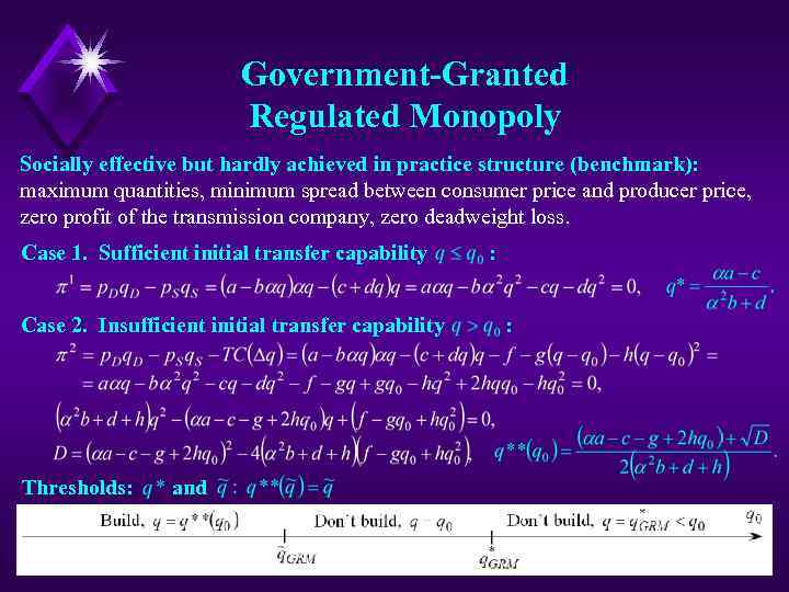 Government-Granted Regulated Monopoly Socially effective but hardly achieved in practice structure (benchmark): maximum quantities,