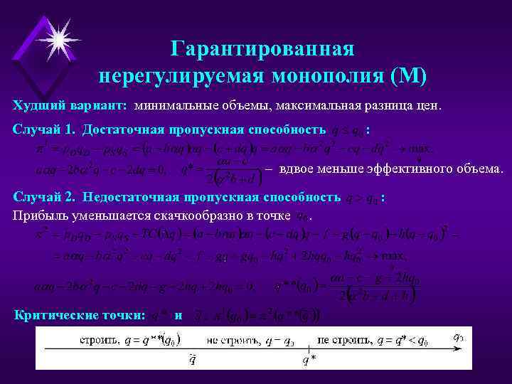 Гарантированная нерегулируемая монополия (М) Худший вариант: минимальные объемы, максимальная разница цен. Случай 1. Достаточная