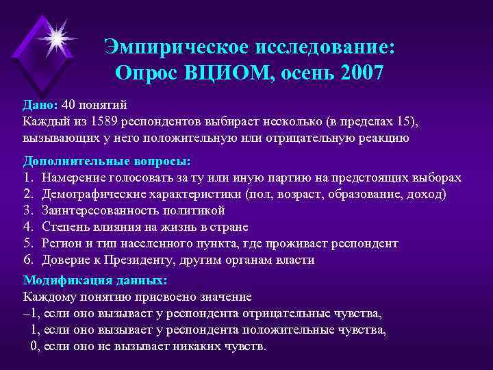 Эмпирическое исследование: Опрос ВЦИОМ, осень 2007 Дано: 40 понятий Каждый из 1589 респондентов выбирает