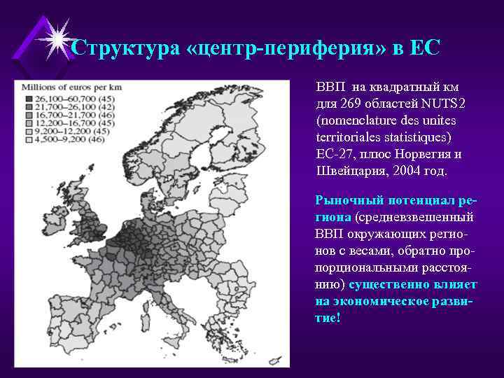 Структура «центр-периферия» в ЕС ВВП на квадратный км для 269 областей NUTS 2 (nomenclature