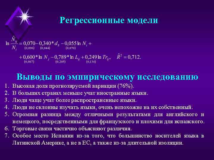 Регрессионные модели Выводы по эмпирическому исследованию 1. 2. 3. 4. 5. Высокая доля прогнозируемой