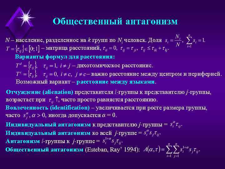 Общественный антагонизм N – население, разделенное на k групп по Ni человек. Доля –