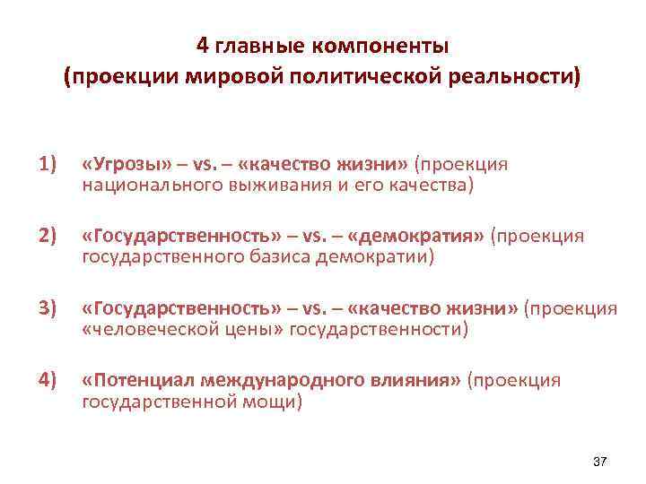 4 главные компоненты (проекции мировой политической реальности) 1) «Угрозы» – vs. – «качество жизни»