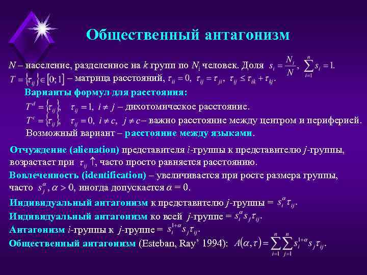 Общественный антагонизм N – население, разделенное на k групп по Ni человек. Доля –