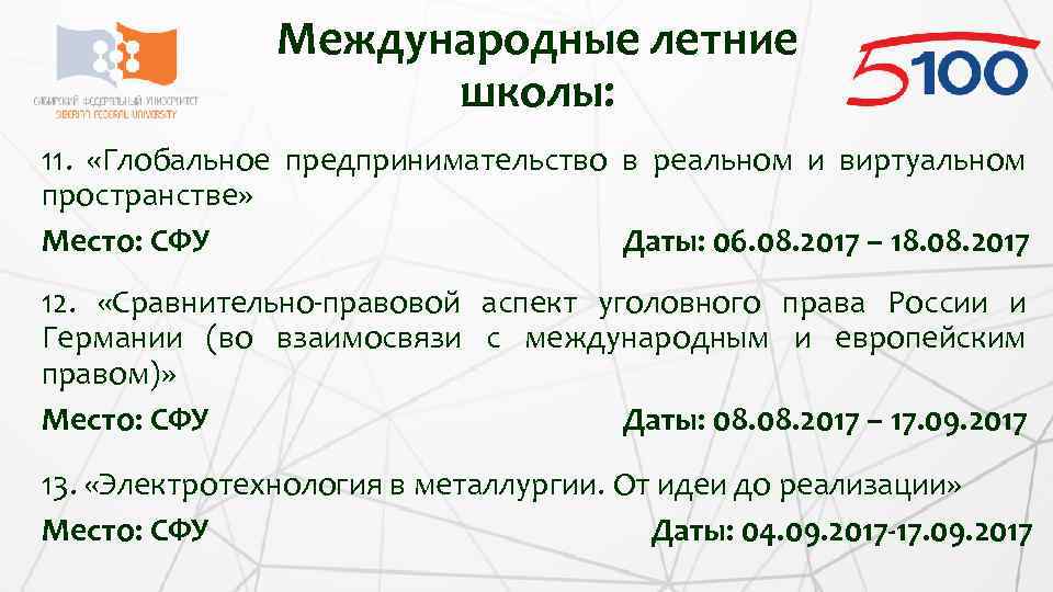 Международные летние школы: 11. «Глобальное предпринимательство в реальном и виртуальном пространстве» Место: СФУ Даты: