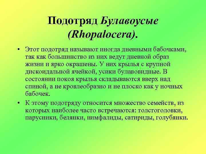 Подотряд Булавоусые (Rhopalocera). • Этот подотряд называют иногда дневными бабочками, так как большинство из