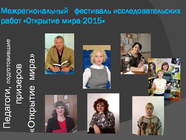 Педагоги, подготовившие призеров «Открытие мира» Межрегиональный фестиваль исследовательских работ «Открытие мира-2015» 