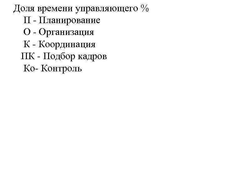 Доля времени управляющего % П Планирование О Организация К Координация ПК Подбор кадров Ко