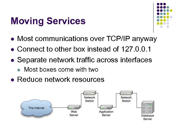 Moving Services l l l Most communications over TCP/IP anyway Connect to other box