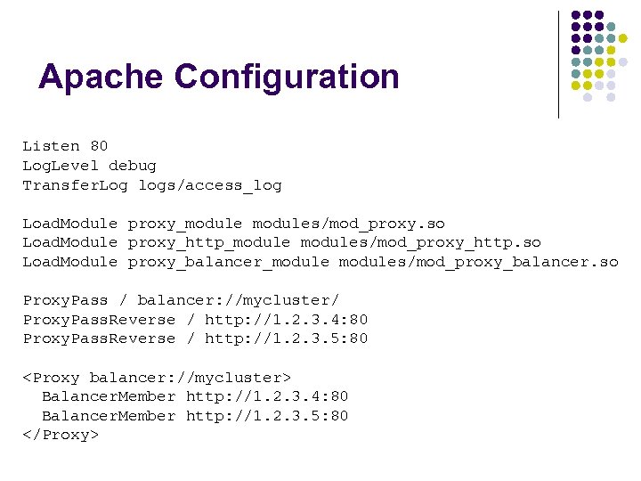 Apache Configuration Listen 80 Log. Level debug Transfer. Log logs/access_log Load. Module proxy_modules/mod_proxy. so